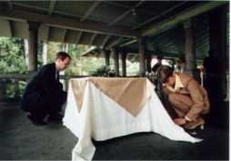 Emma and Eldon set up the table